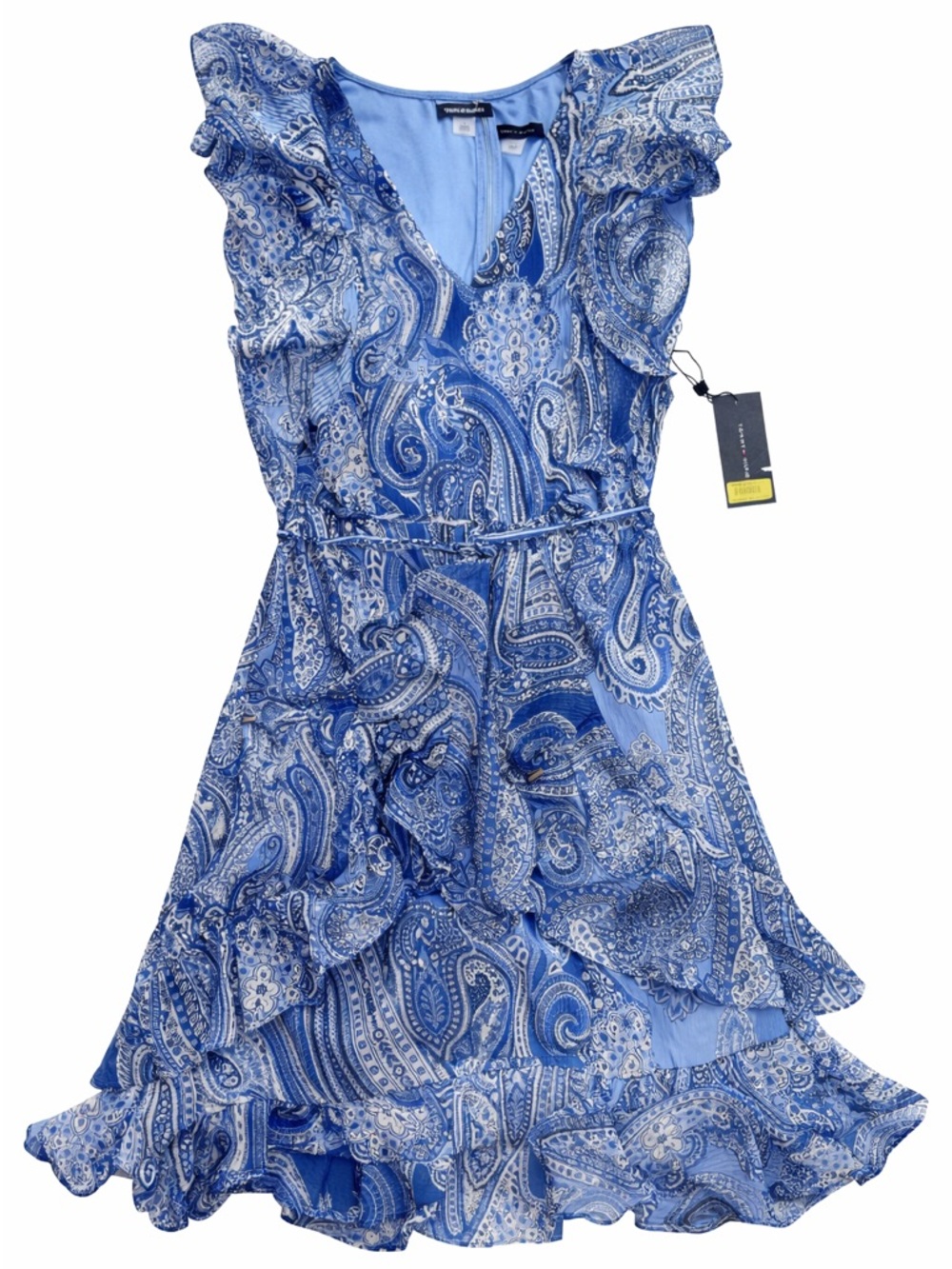 Size 6 NWT Tommy Hilfiger Blue Paisley Ruffle Dress Flowy Boho Summer Tie Waist